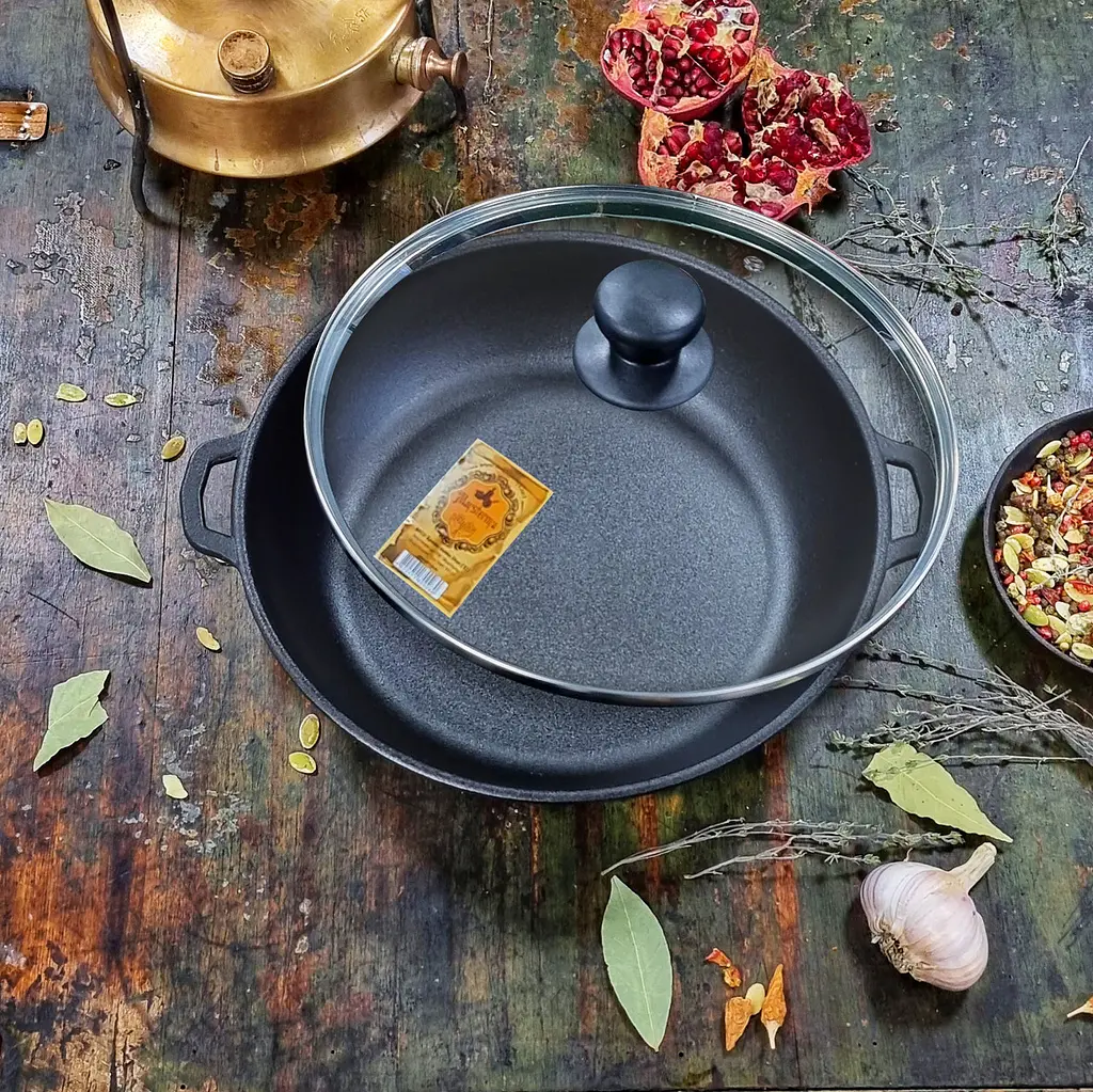 Жаровня Наша мастерская чугунная литая со стеклянной крышкой 28х6 см (Т104С3) - фото 3