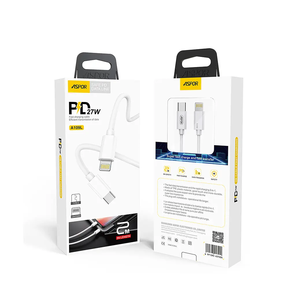 Кабель Aspor A109 PD Fast Charge Type-C – Lightning 27W/1м- білий - фото 3