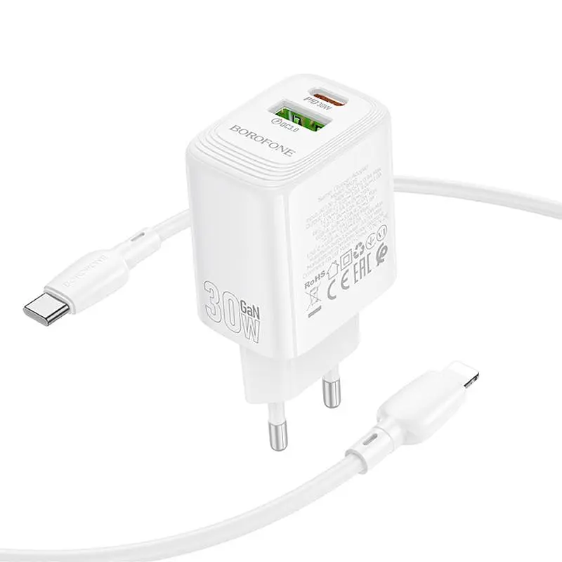 СЗУ Borofone BN29 Fuente PD30W+QC3.0 (1USB-A/1C) + кабель Type-C to Lightning - фото 3