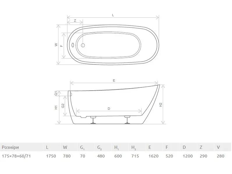 Ванна акриловая Radaway Nikia 175x78 + ножки (WA1-41-175x078U-B) - фото 3