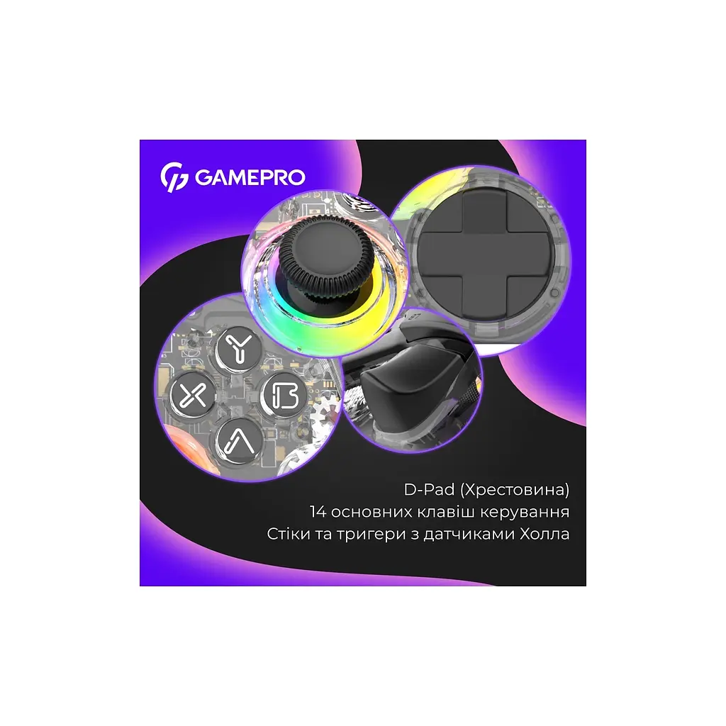 Геймпад GamePro GPX13T 2.4G/BT 5.1/USB/PC/iOS/Android RGB Transparent (GPX13T) - фото 9