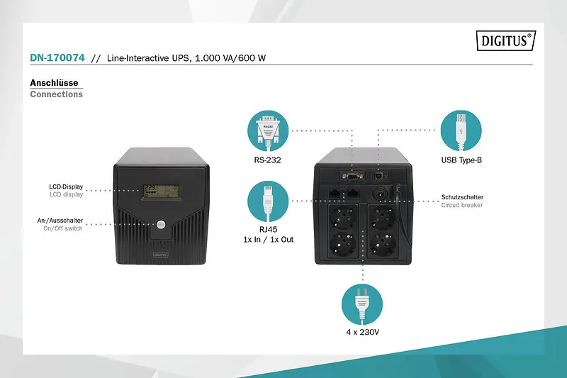 Digitus Джерело безперебійного живлення 1000VA/600W, LCD, RJ45, RS232, USB, 4xSchuko - фото 5