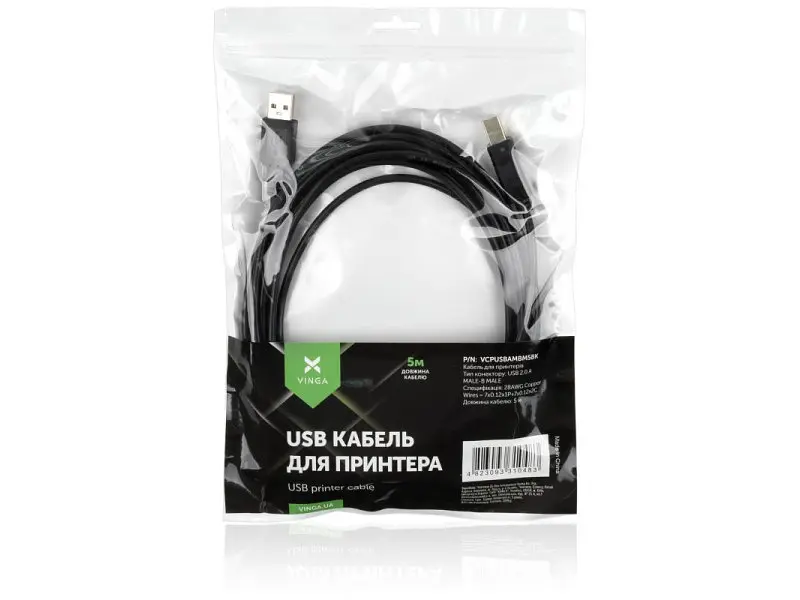 Кабель Vinga USB 2.0 AM/BM Black 5m (VCPUSBAMBM5BK) - фото 4