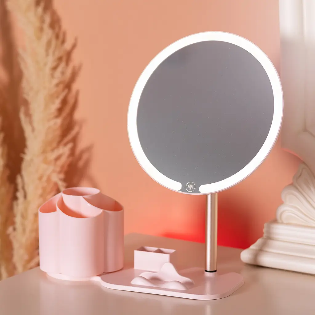 Косметичне дзеркало з LED-підсвіткою та органайзером 21 см, рожевий Yiwu HP-10-9AP - фото 8