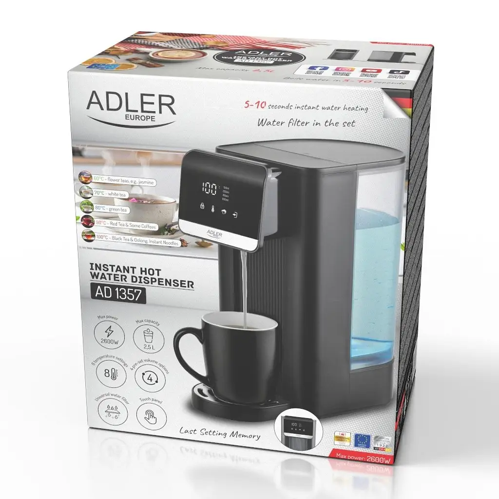 Диспенсер гарячої води Adler AD 1357, 2,5 л, 8 температур, сенсорна панель, швидкий нагрів, фільтр води, 2600 Вт - фото 4