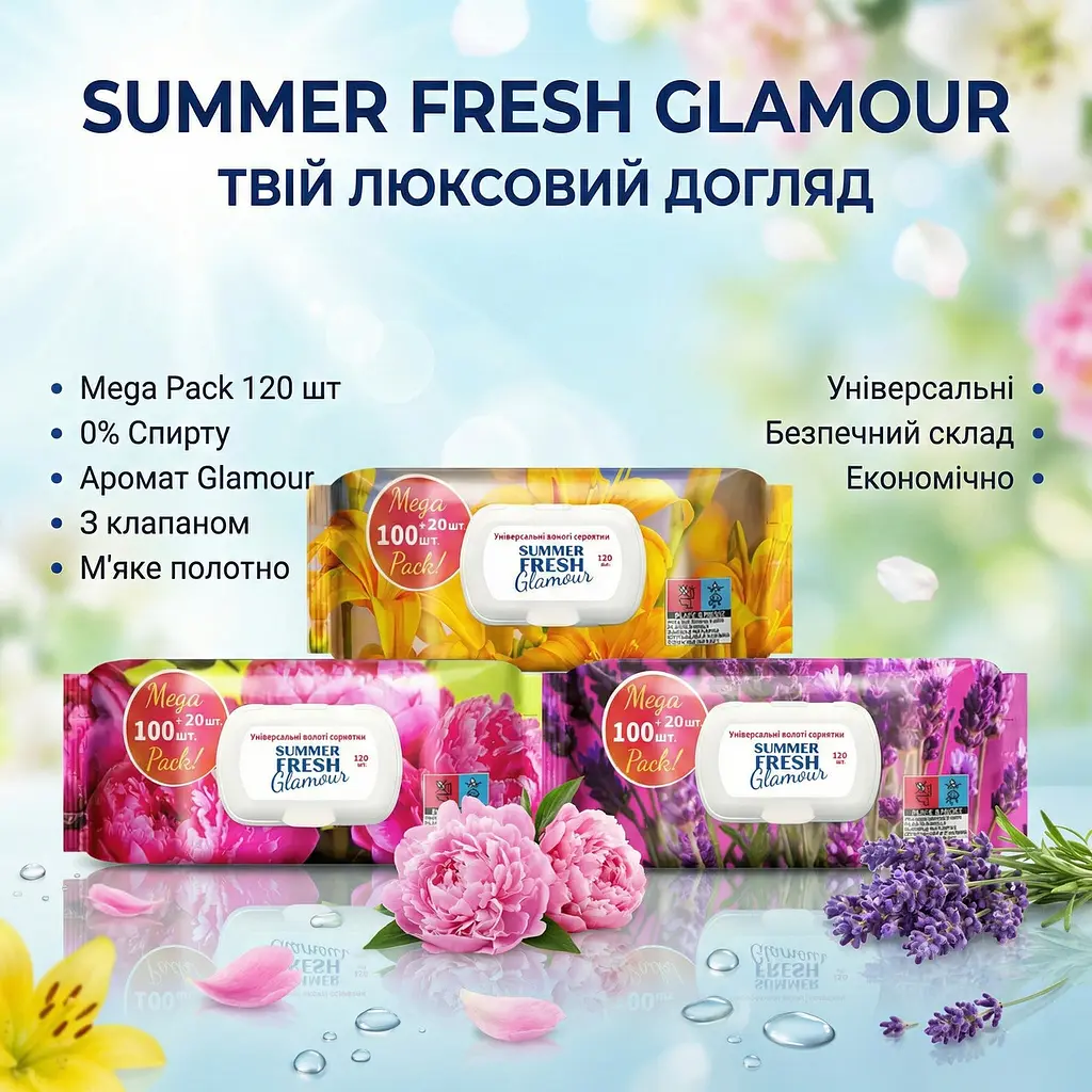 Вологі серветки універсальні Summer Fresh Glamour 120 шт. Серветки з запахом - фото 4