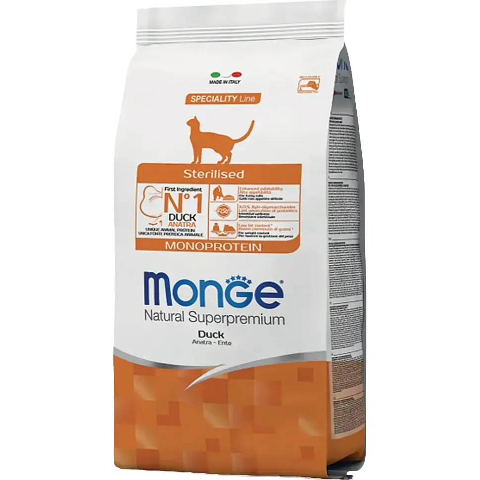 Сухий монопротеїновий корм для стерилізованих кішок Monge Natural Superpremium Monoprotein Sterilised із качкою 1.5 кг