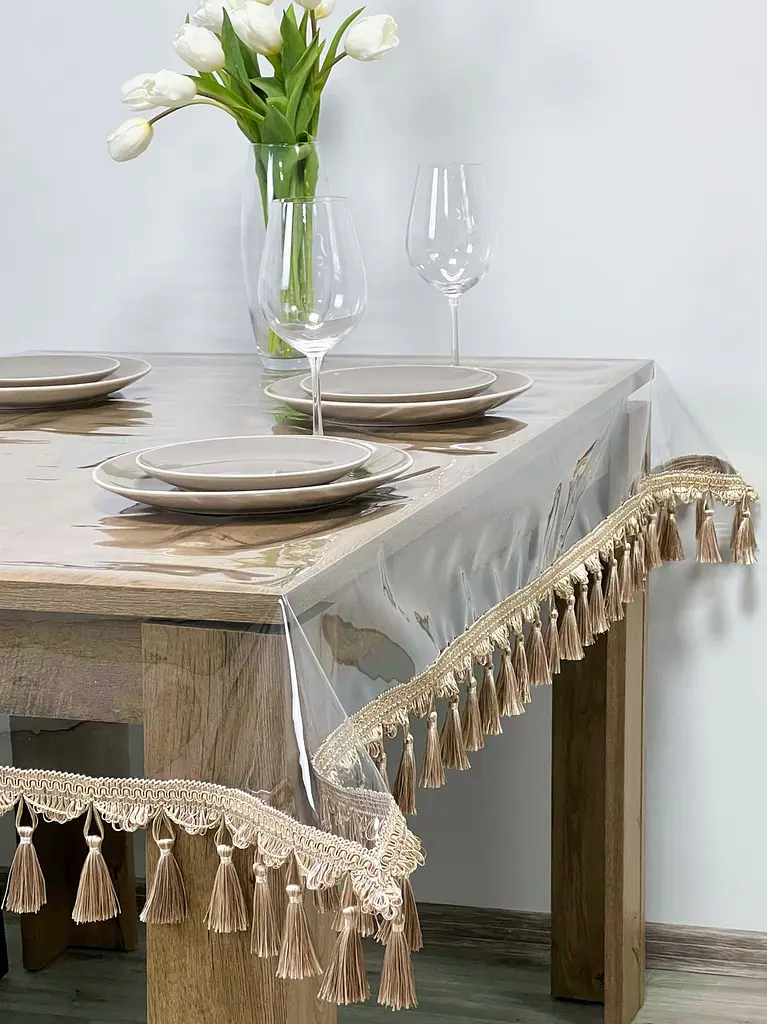 Скатертина силіконова з бежевою бахромою 400х190 см - фото 2