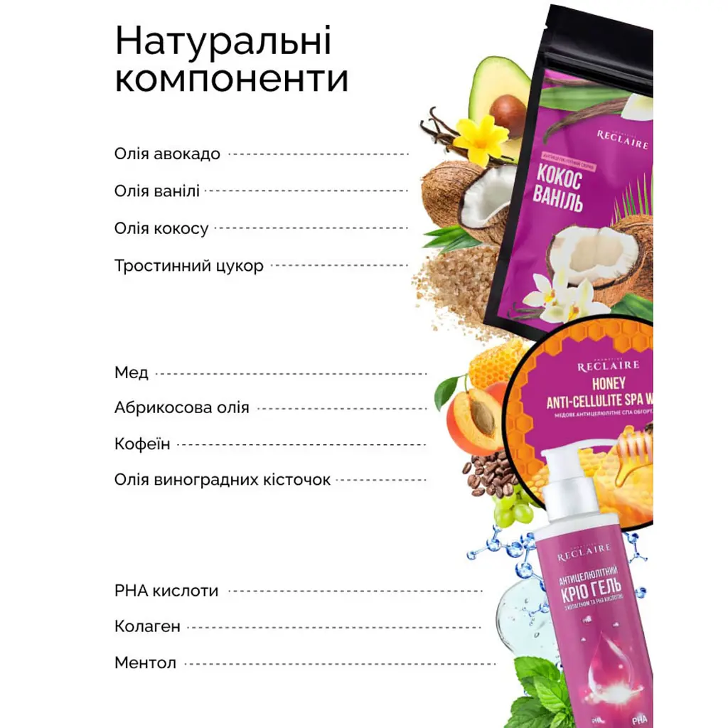 Тройной медовый антицеллюлитный набор SPA Скраб+Обертывания+Крио гель Reclaire cosmetics - фото 2