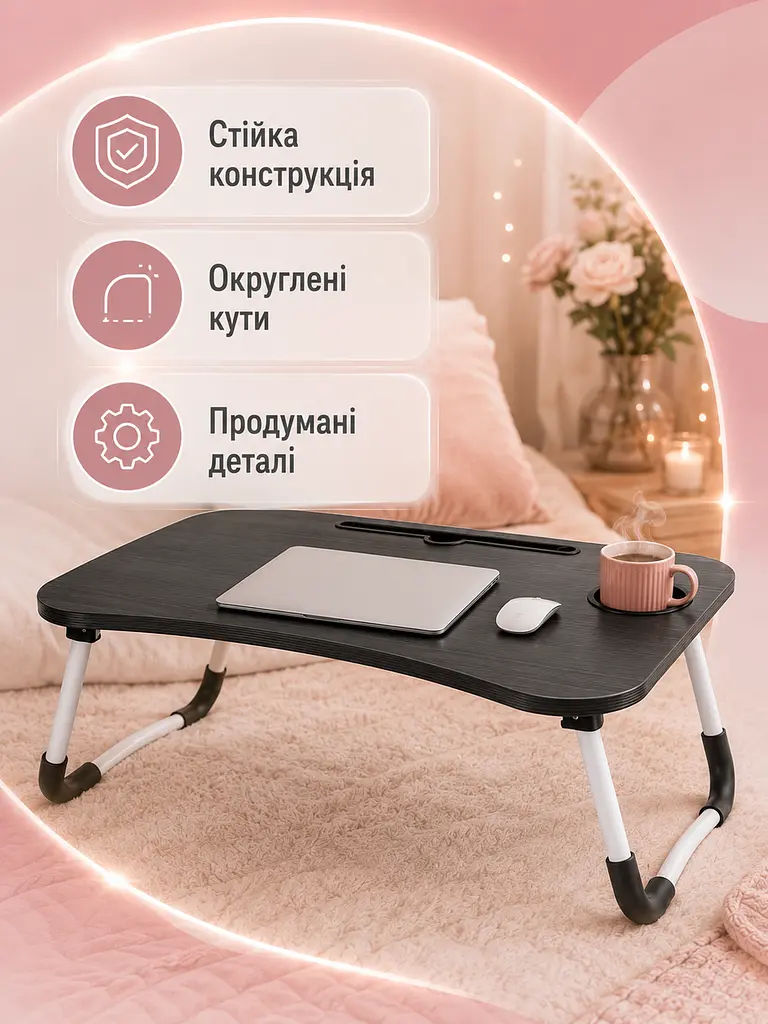 Складаний столик для ноутбука 60×40×28 см венге з підсклянником (49675980) - фото 7