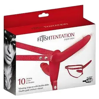 Подвійний страпон Fetish Tentation Vibrating Strap-On with Double Red з вібрацією - фото 3