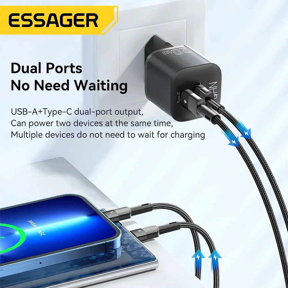 Мережевий зарядний пристрій Essager Camber 20W USB A + Type C Чорний (ECTAC-HMB01-P) - фото 3