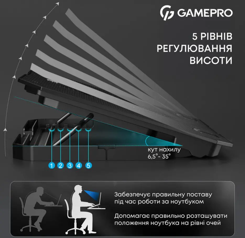 Охолоджувальна підставка для ноутбука до 15,6 дюймів GamePro GPCP-350 2xfans - фото 7
