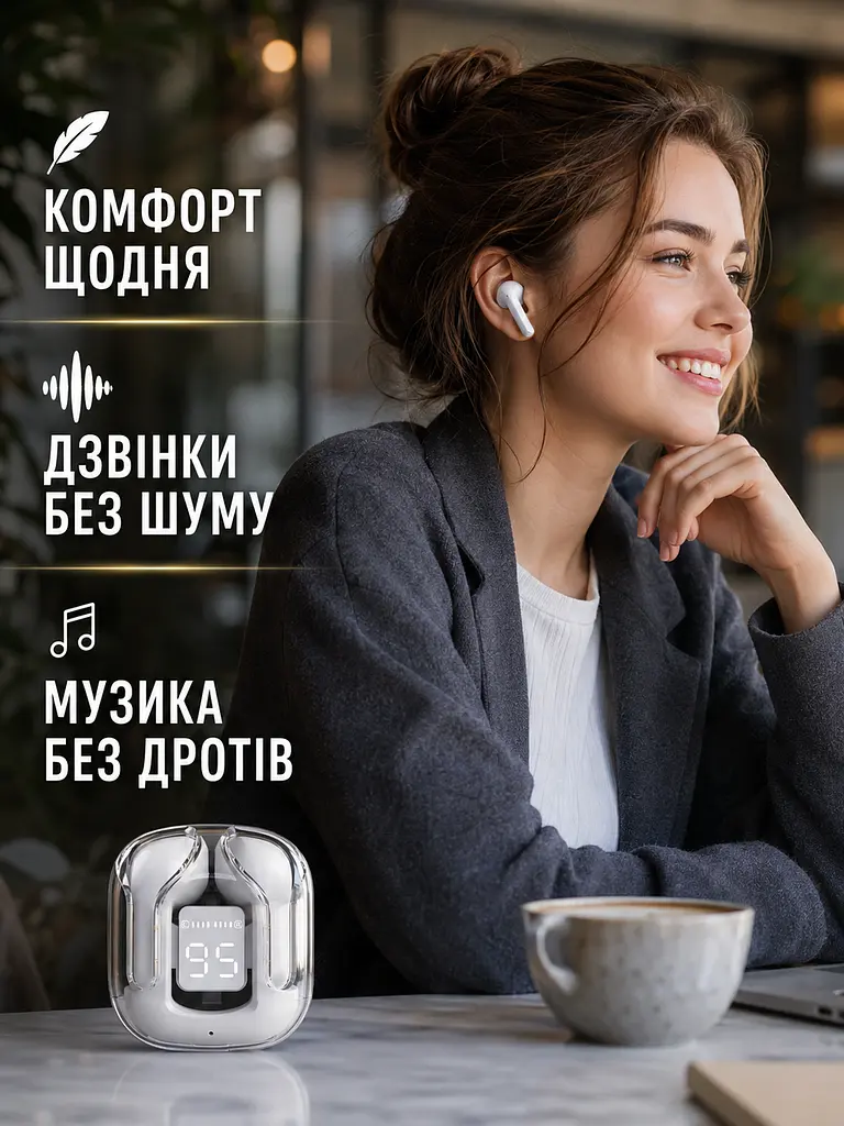 Бездротові навушники TWS Bluetooth 5.0 з мікрофоном ENC, сенсорним керуванням і кейсом із дисплеєм, білі (49676324) - фото 4