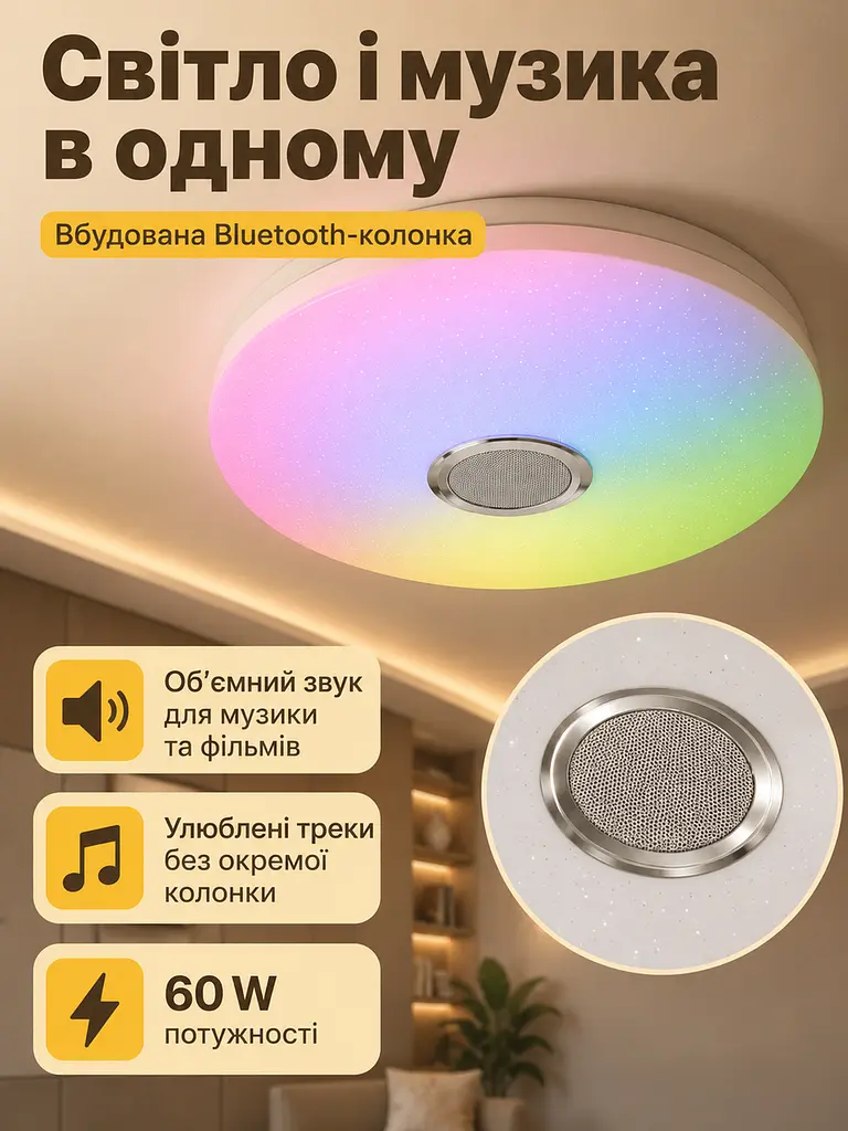 Світлодіодна стельова люстра-світильник RGB з Bluetooth колонкою та пультом (26276280) - фото 4