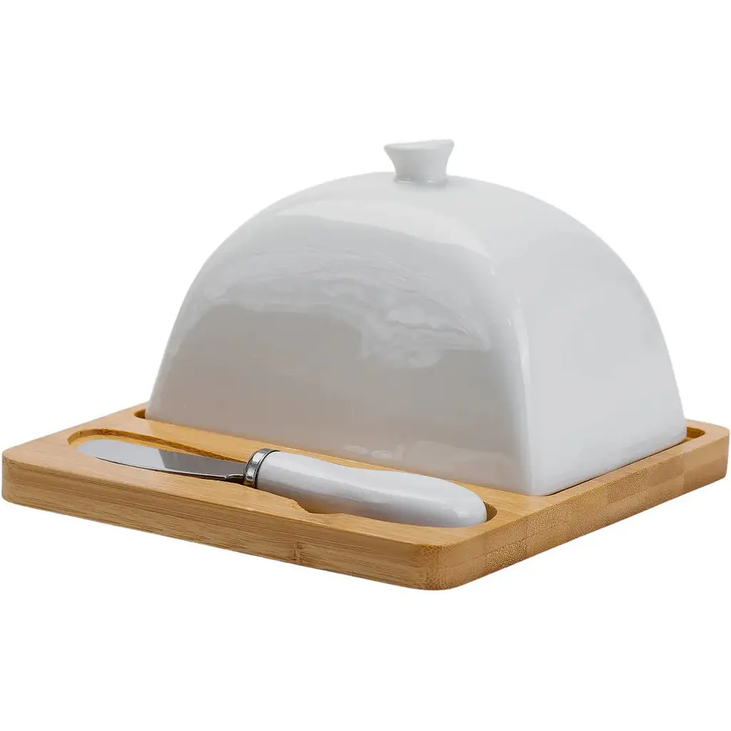 Масленка Yiwu фарфоровая 15х15х9 см с ножом и бамбуковой подставкой HP1255 - фото 3