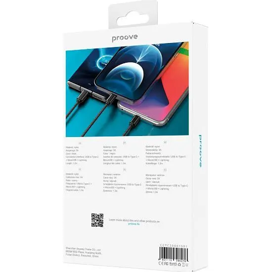 Кабель Proove Triple Connection 3 in 1 USB-A to USB-C/Lightning/Micro-USB 3A 1.2m Black (CCTC20001501) [131034] - фото 5