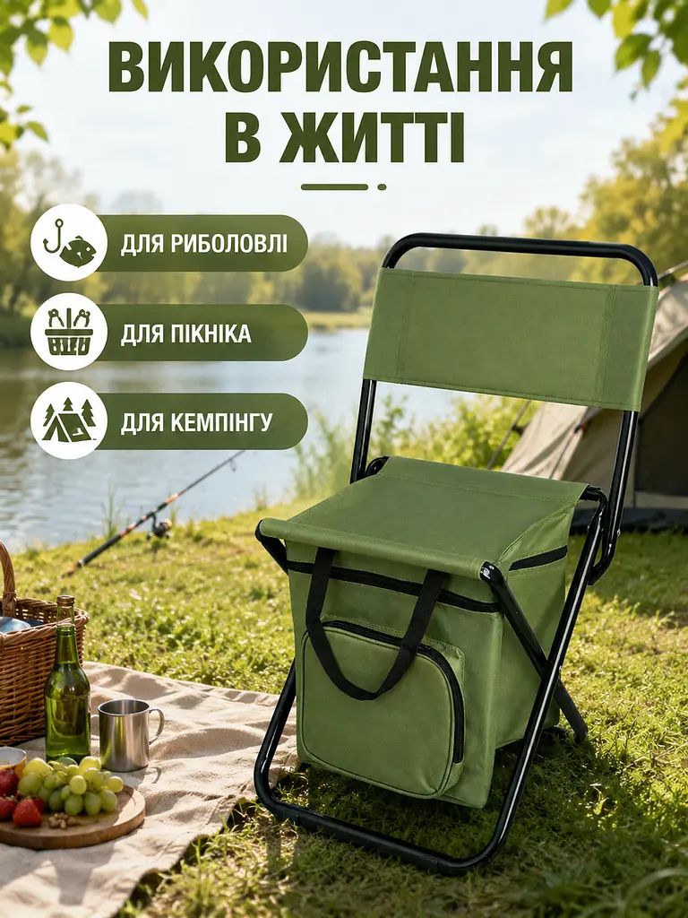Складаний туристичний стілець із термосумкою до 100 кг 35×28×59 см хакі (49676083) - фото 8