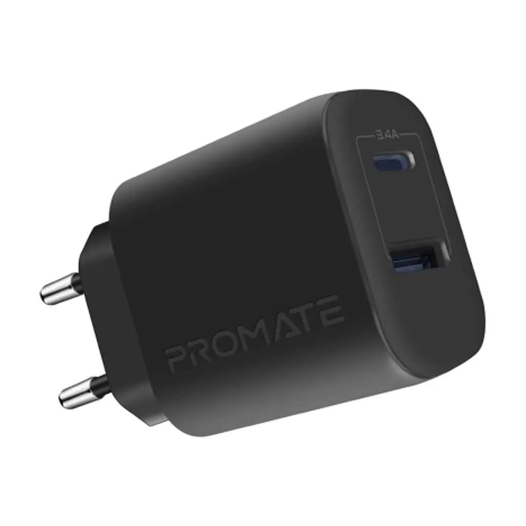 Зарядний пристрій Promate 17W USB-C + USB-A (biplug-2.black) - фото 9