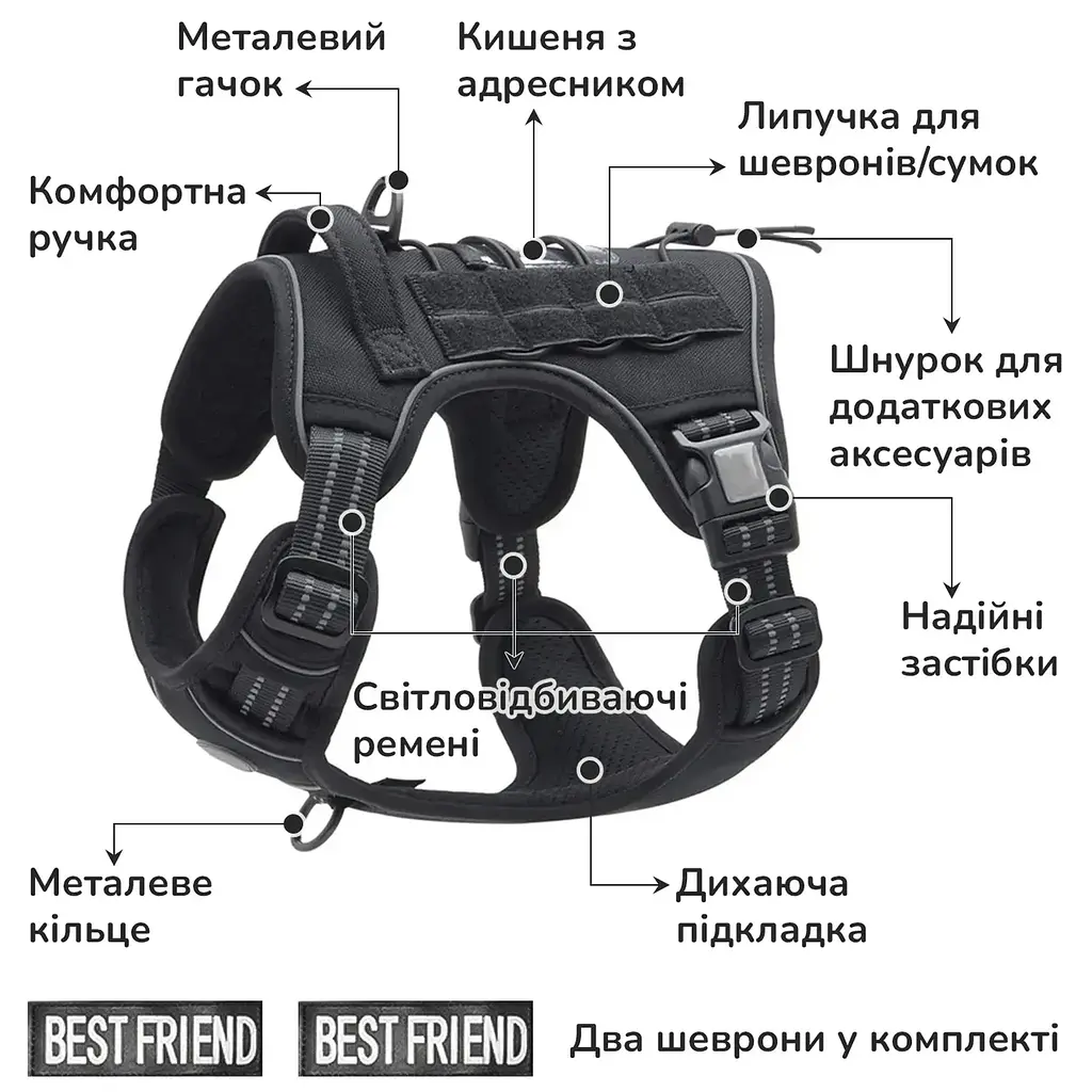 Шлейка для собак Best Friend, тактичний жилет із ручкою та системою MOLLE чорний, M - фото 2