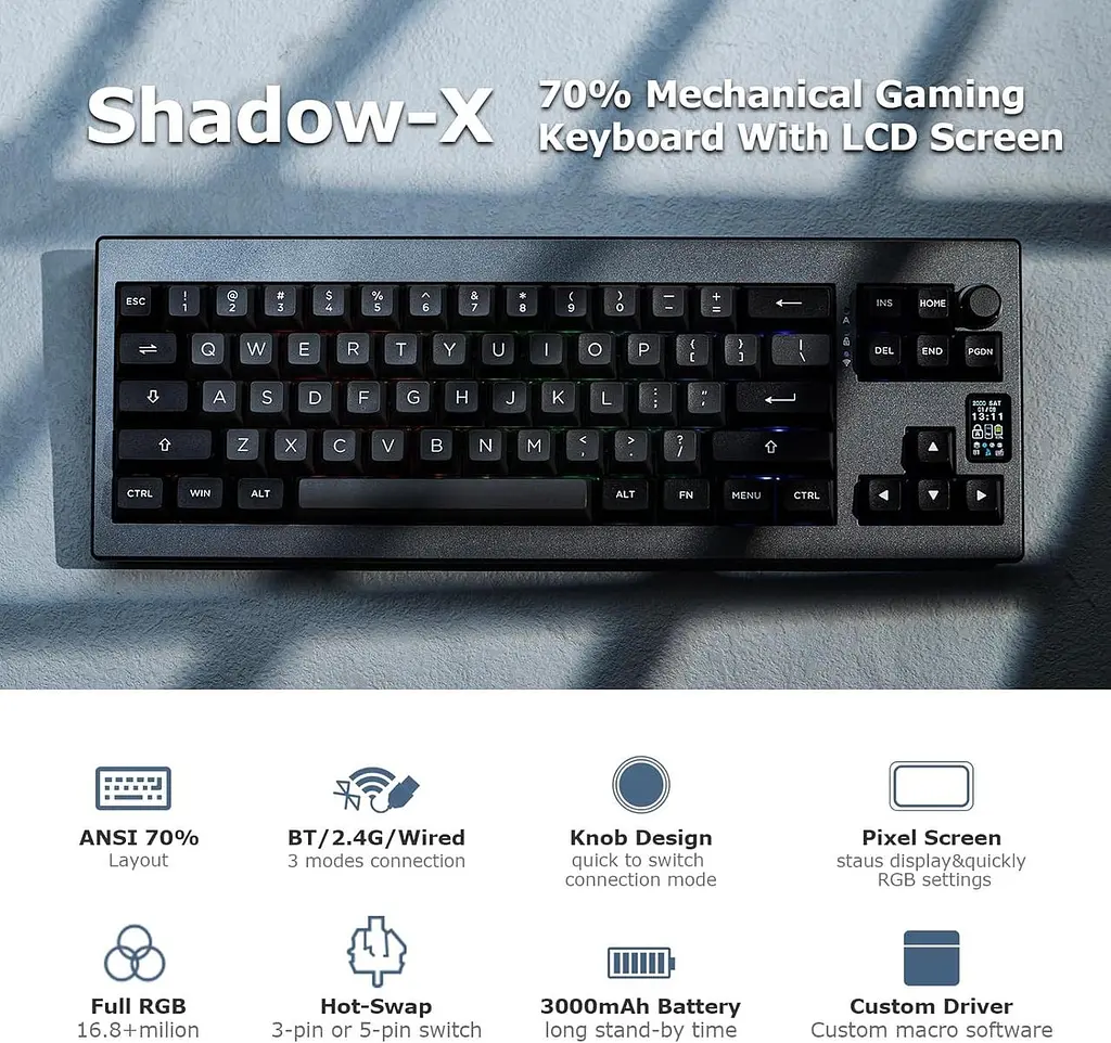 Механічна клавіатура EPOMAKER Shadow-X Gasket, провідна бездротова ігрова клавіатура з екраном та можливістю гарячої заміни, 2,4 Г - фото 2