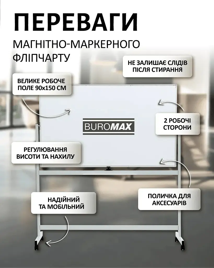 Фліпчарт двохсторонній магнітний Buromax для письма маркером горизонтальний 90 х 150 cм (BM.0202) - фото 4