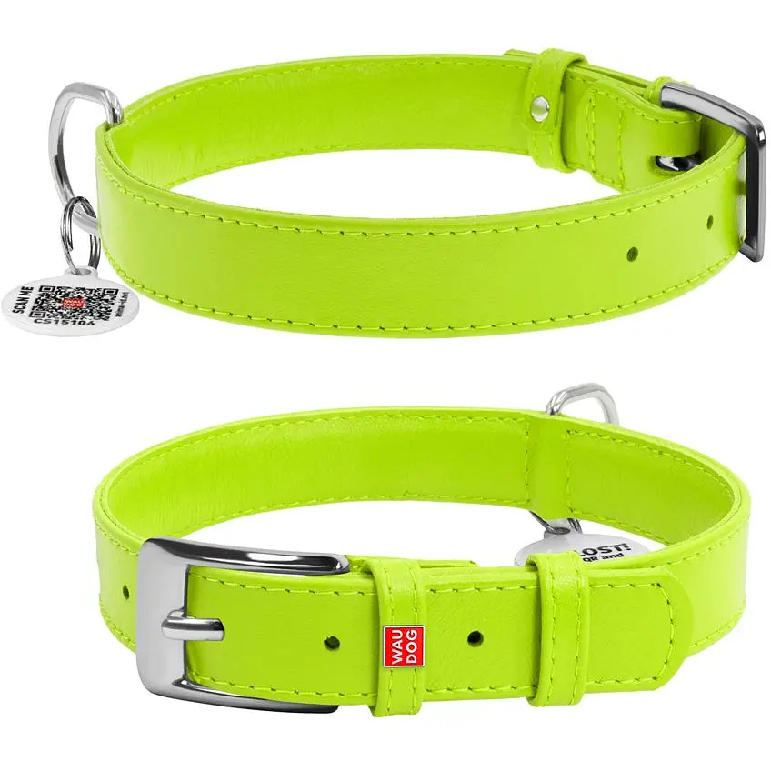 Ошейник для собак Waudog Glamour, кожаный, с QR паспортом, 30-39х2 см, салатовый - фото 3