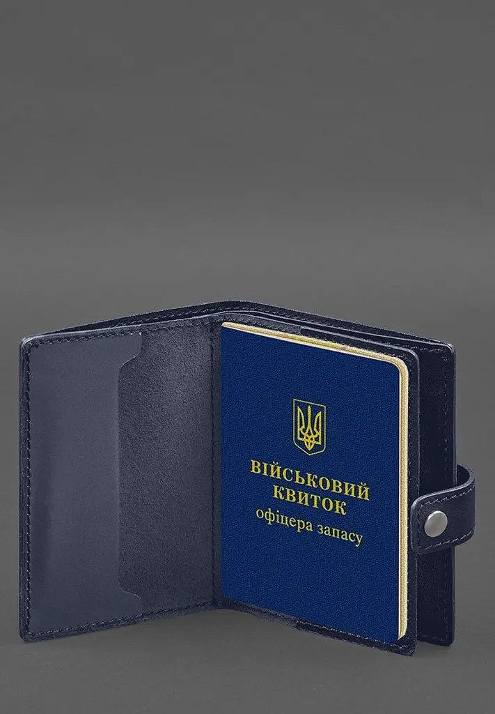 Кожаная обложка-портмоне для военного билета офицера запаса (узкий документ) Синий - фото 4