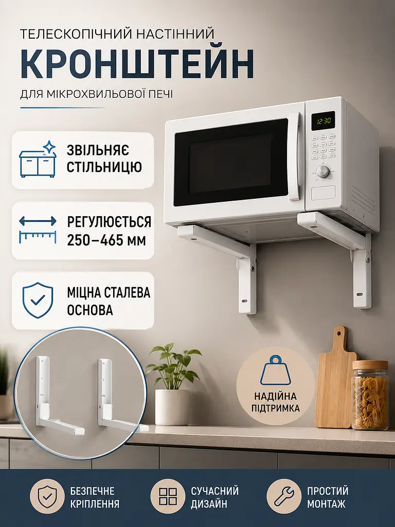 Кронштейн для мікрохвильової печі телескопічний 250–465 мм, настінна регульована підставка (49676255) - фото 2