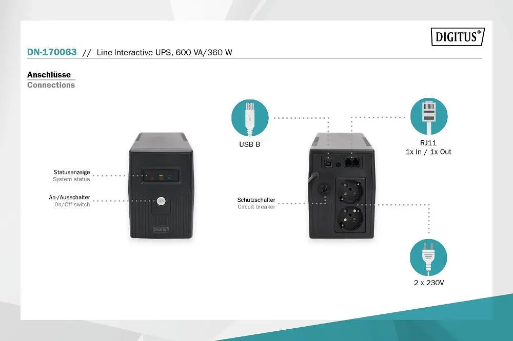 Джерело безперебійного живлення Assmann UPS LINE-INTERACTIVE 600VA 360W DN-170063 Black - фото 4