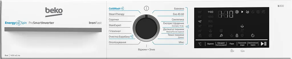 Beko Пральна машина Beko фронтальна, 8кг, 1400, A, 55см, дисплей, інвертор, пара, білий - фото 8