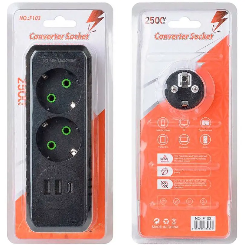 Розетка-подрібнювач із заземленням Voltronic F-103 Black, 2 розетки + 2xUSB + 1xType-C, 2500 W, 10A, 110-250V - фото 2