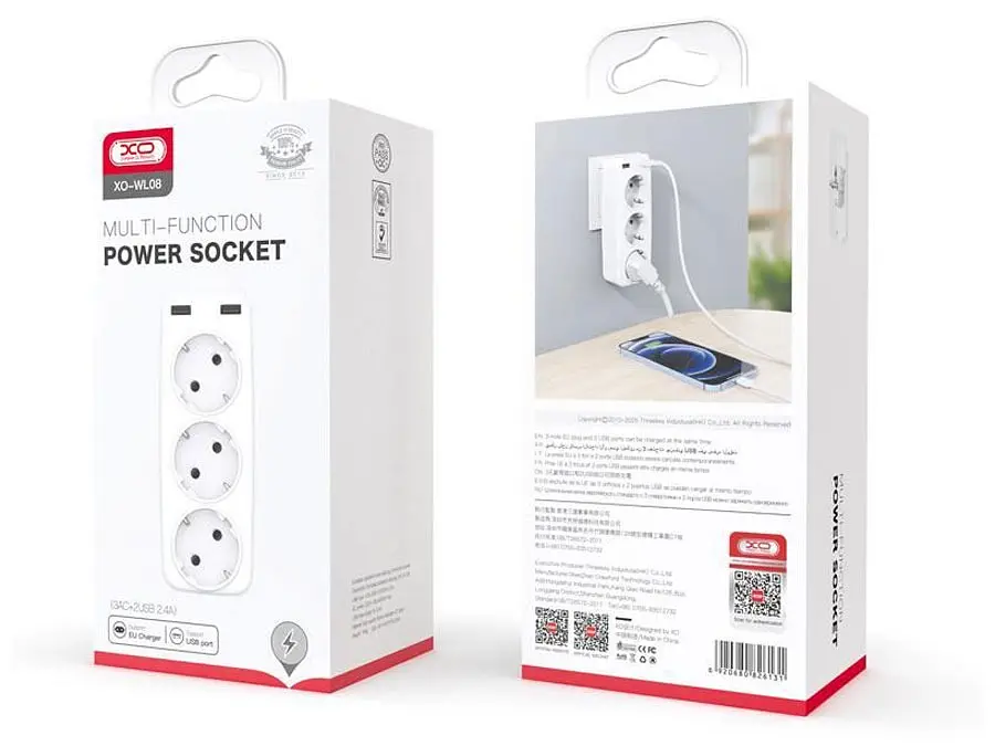 Мережевий розгалужувач XO WL08 EU Smart Wall Plug Conversion Socket (3 х розетки 2 х USB) білий - фото 3