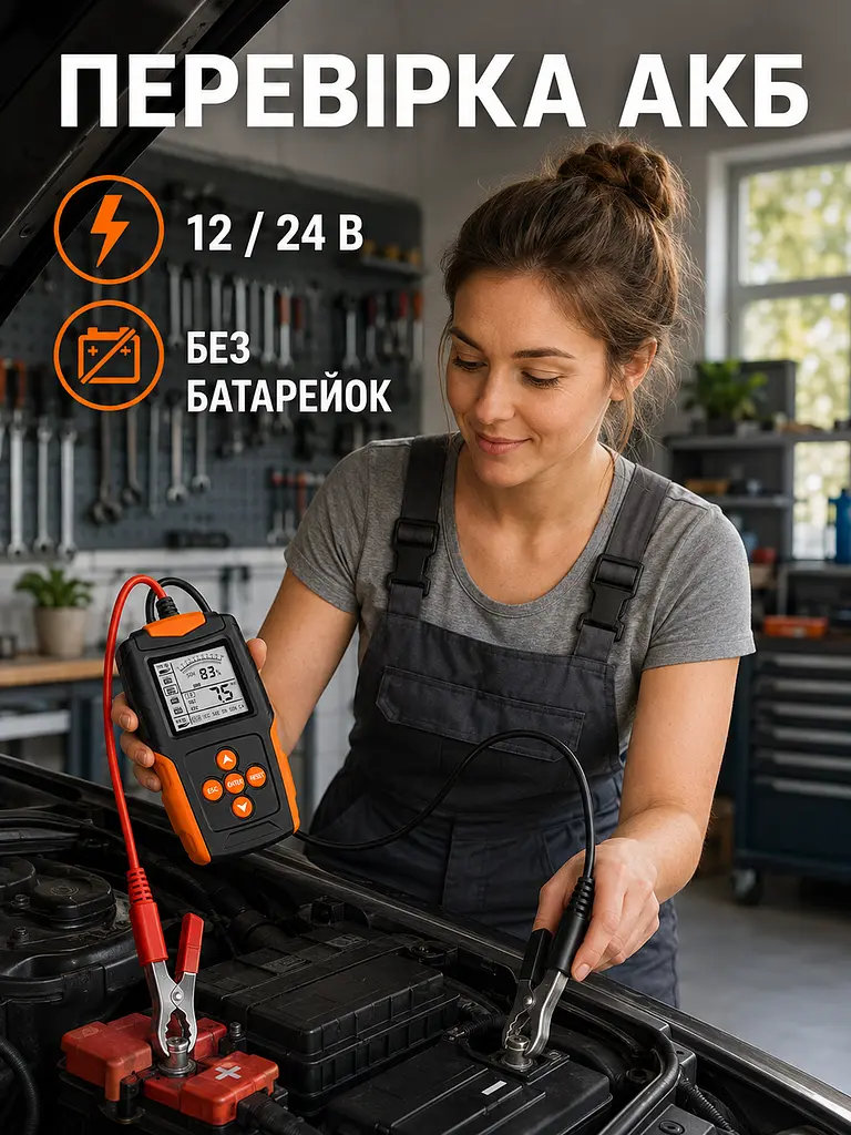 Тестер акумуляторних батарей 12/24 В для авто з LCD-дисплеєм, CCA, SOC, SOH і вимірюванням внутрішнього опору, чорно-помаранчевий - фото 8