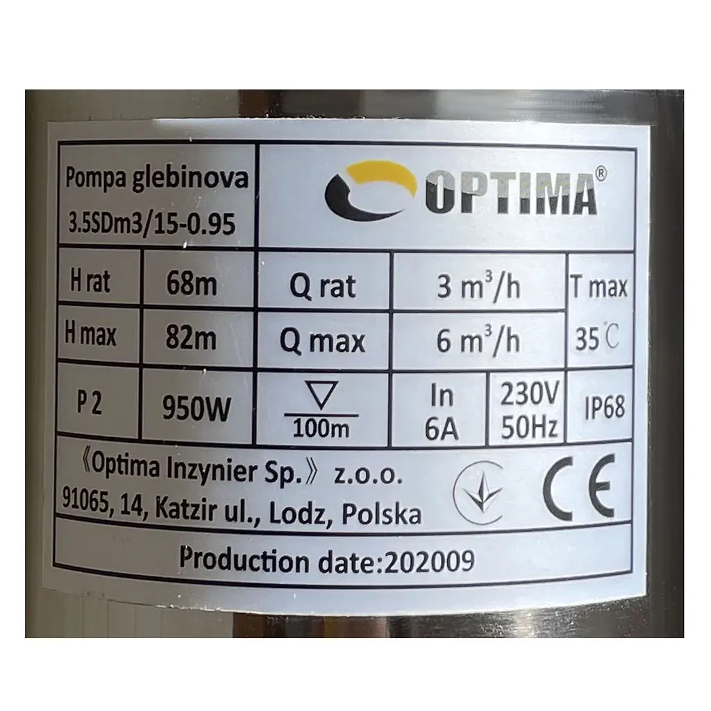 Насос свердловинний з підв, стійк, до піску Optima 3,5SDm3/15 0,95 кВт 82м кабель 1,5м New 000021129 - фото 6