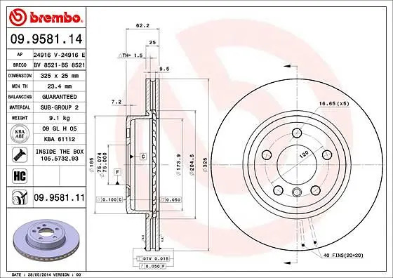 Диск гальмівний передній вентильований Bmw X3 03-11р Brembo (09.9581.11) - фото 2