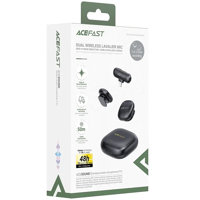 Петличний бездротовий мікрофон R1 Dual-mic Lightning Black Acefast teh0029554 - фото 5