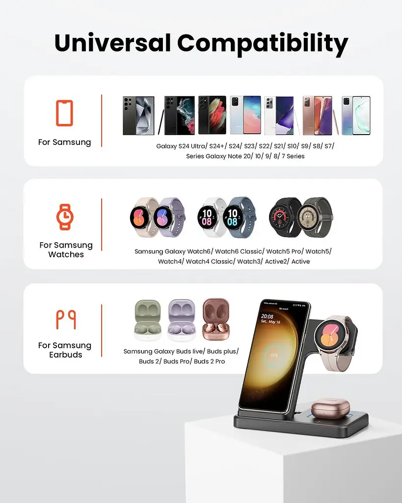 Складана бездротова зарядна станція GEEKERA 3-в-1 для Samsung Galaxy, Watch і Buds - фото 5