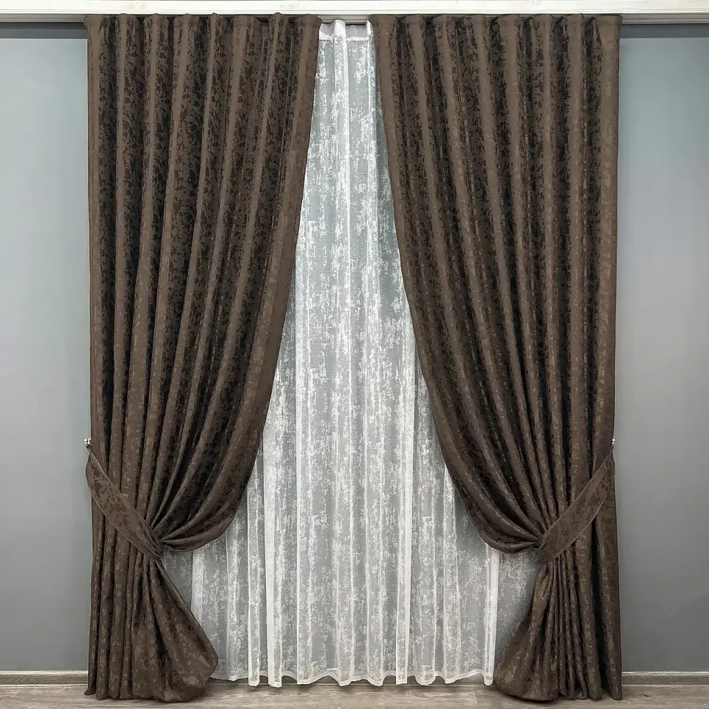 Комплект штор з тюлем VR-Textil Льон Мармур, венге з білим, 2 штори 150×270 см + тюль 600×270 см, арт. 71-138/5