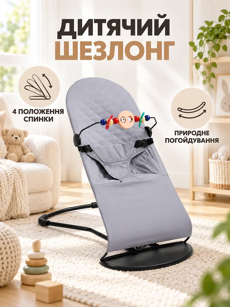 Шезлонг для новонароджених 58×72×40 см до 9 кг з 4 положеннями спинки, дугою з іграшками та ременями, сірий (49676385) - фото 2