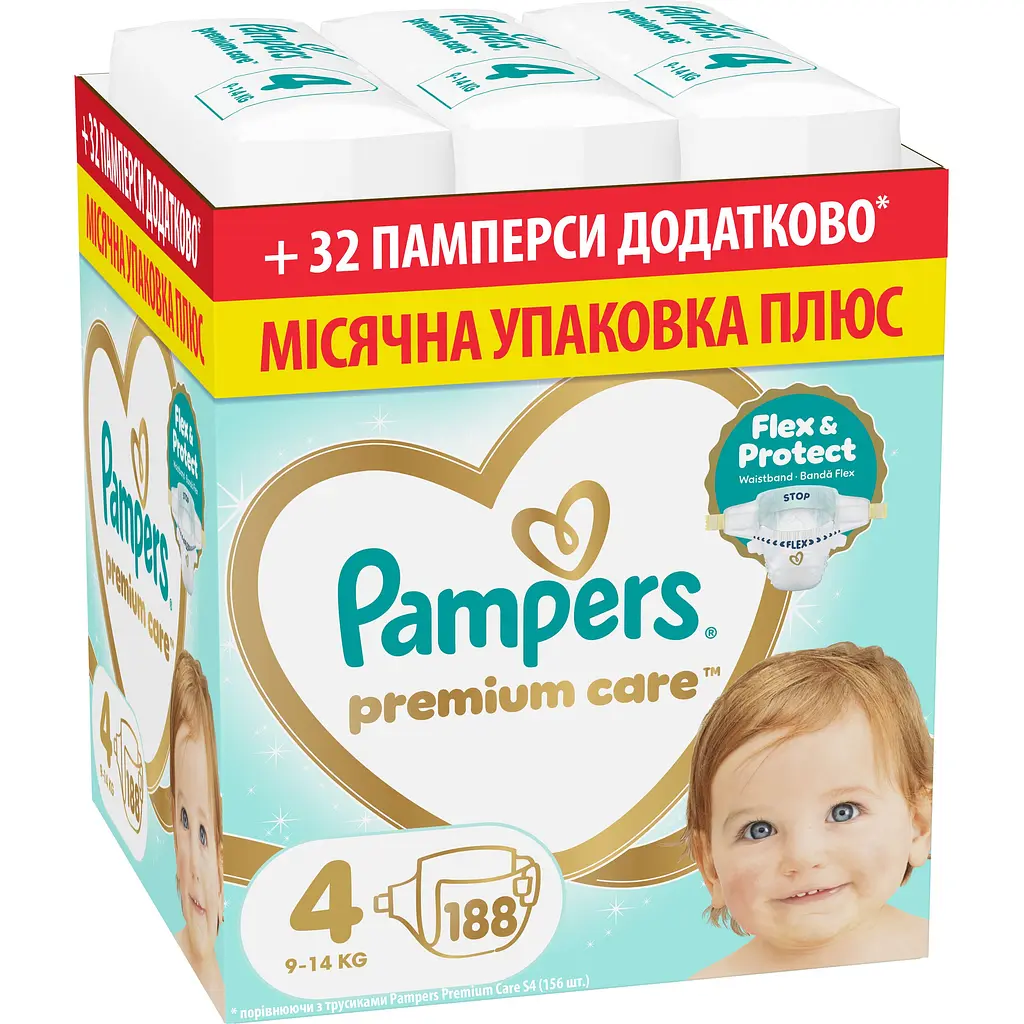 Підгузки Pampers Premium Care Розмір 4 (9-14 кг) 188 шт.