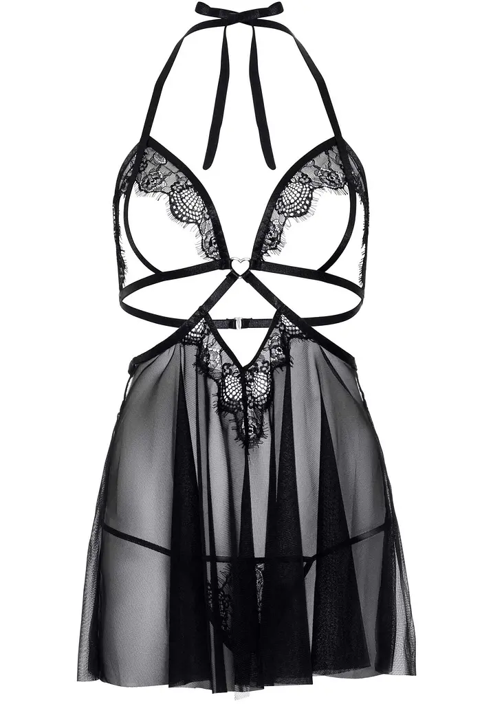 Сорочка бебі-дол з відкритими чашками Leg Avenue Lace and mesh babydoll & panty Black L, стринги - фото 3
