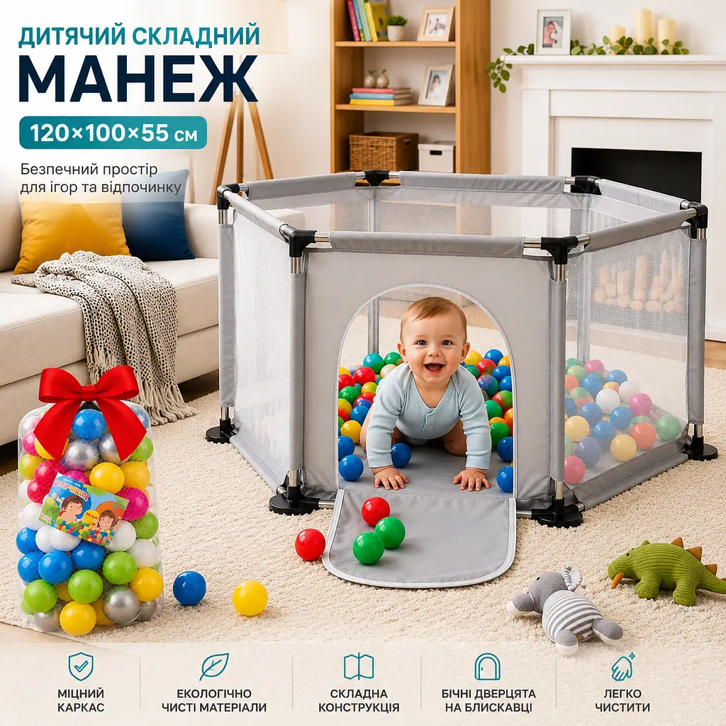 Дитячий ігровий манеж складаний 120х100х55 см, безпечний манеж для дітей, сірий X-778 - фото 3