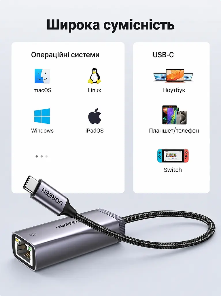 Мережевий адаптер Ethernet UGREEN CM483 зовнішня мережева карта з USB-C 3.1 Gen 1 на порт RJ45 до 1000 Мбіт/с для Windows macOS Linux та iPadOS із підтримкою Switch без встановлення драйверів у Windows 11/10/8.1/8 macOS та iPadOS з індикаторами живлення та передавання даних з вбудованим кабелем в обплетенні на чипі AX88179A сіро-чорний (40322) - фото 6