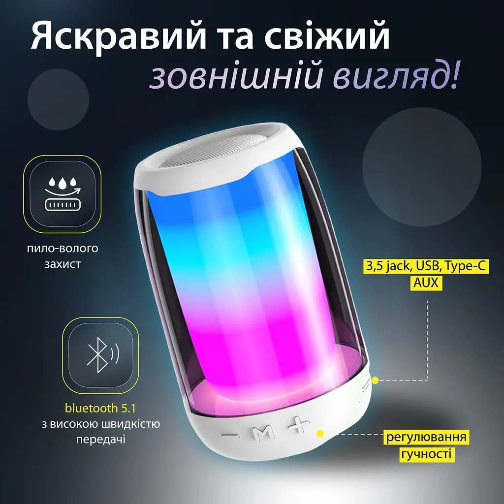 Портативная колонка Smart X 8893AW Pulse 4 mini BT/TF/FM/TWS/AUX/USB с подсветкой 5 Вт, белая - фото 3