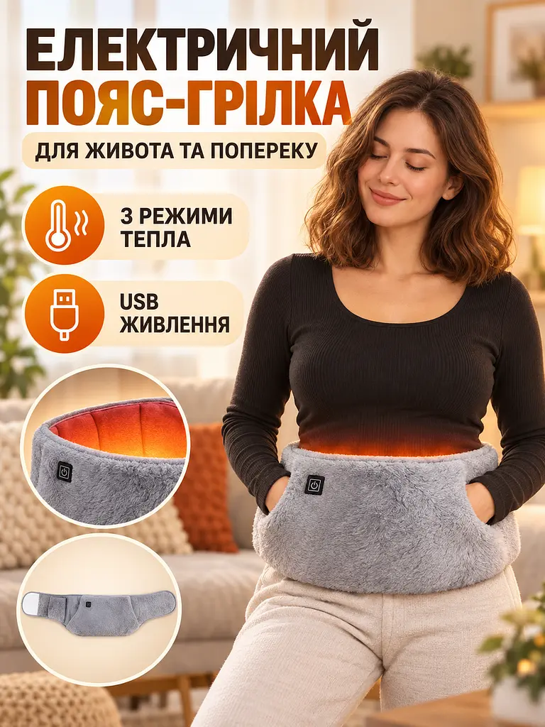 Пояс електричний зігріваючий USB універсальний з кишенею для рук, сірий (4760586326) - фото 2