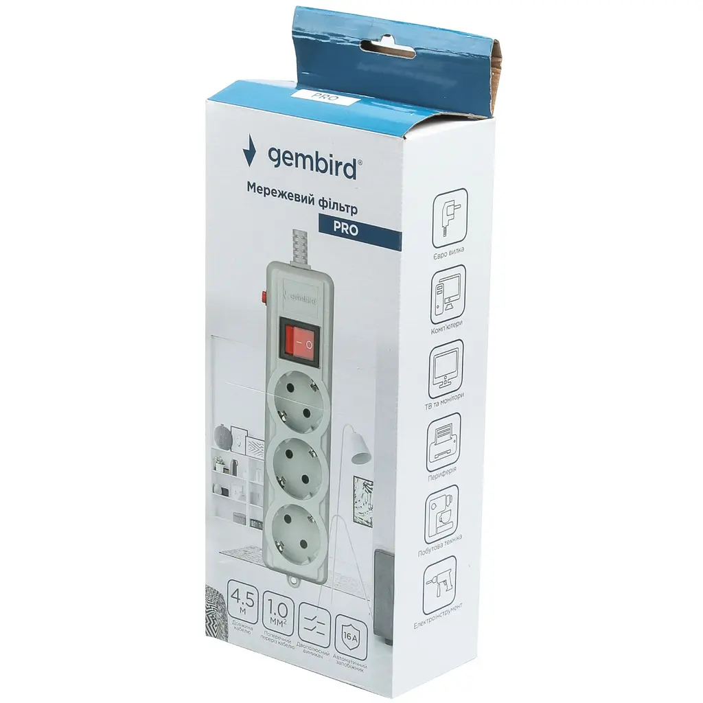 Мережевий фільтр Power filtr 4.5м Gembird , 3 розетки, сірий, 220 В, 50 Гц, 16A - фото 4