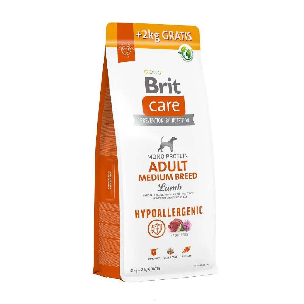 Корм сухий Brit Care Dog Hypoallergenic Adult Medium Breed для дорослих собак середніх порід гіпоалергенний з ягням 12+2 кг