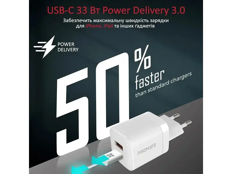 Мережевий зарядний пристрій Promate PowerPort 33 W White - фото 3