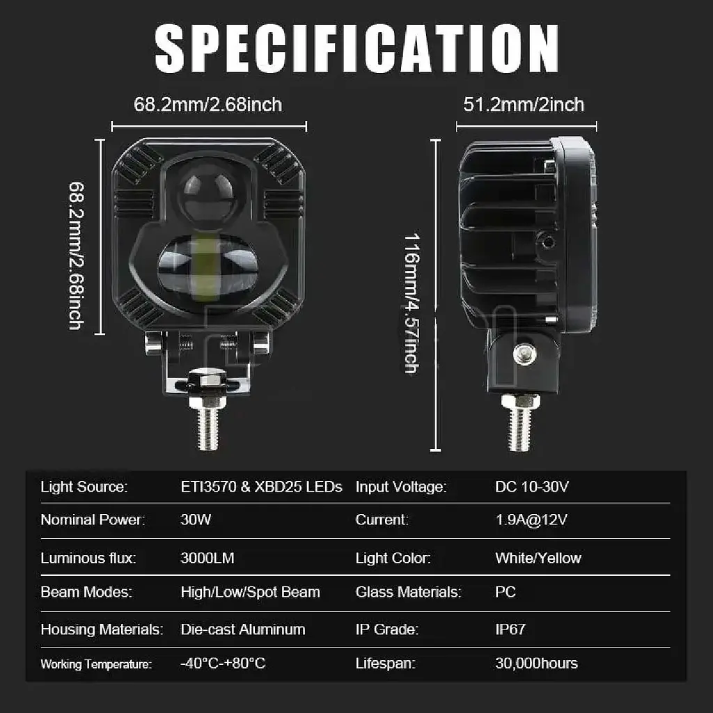 Фара додаткова Bi-LED Квадрата 65x65x50 мм 10-80V W/Y P-66-40W 4 390 (Біле та Жовте Світло) - фото 2